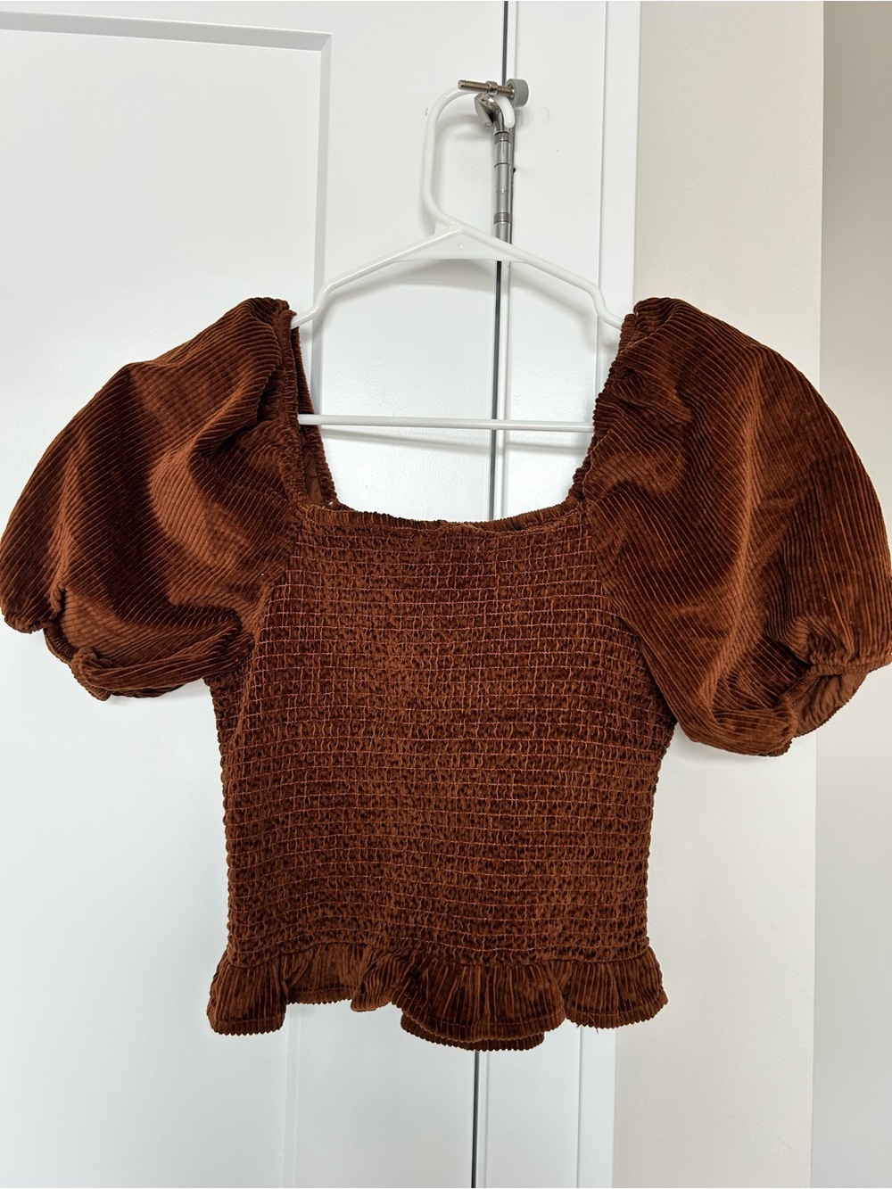 American Eagle Square Neck Brown Corduroy Puff Sleeve Blouse